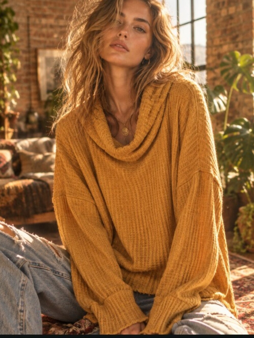 Free People Owen Thermal Cotton Cowl Neck Sweater in Orange XS NWT
